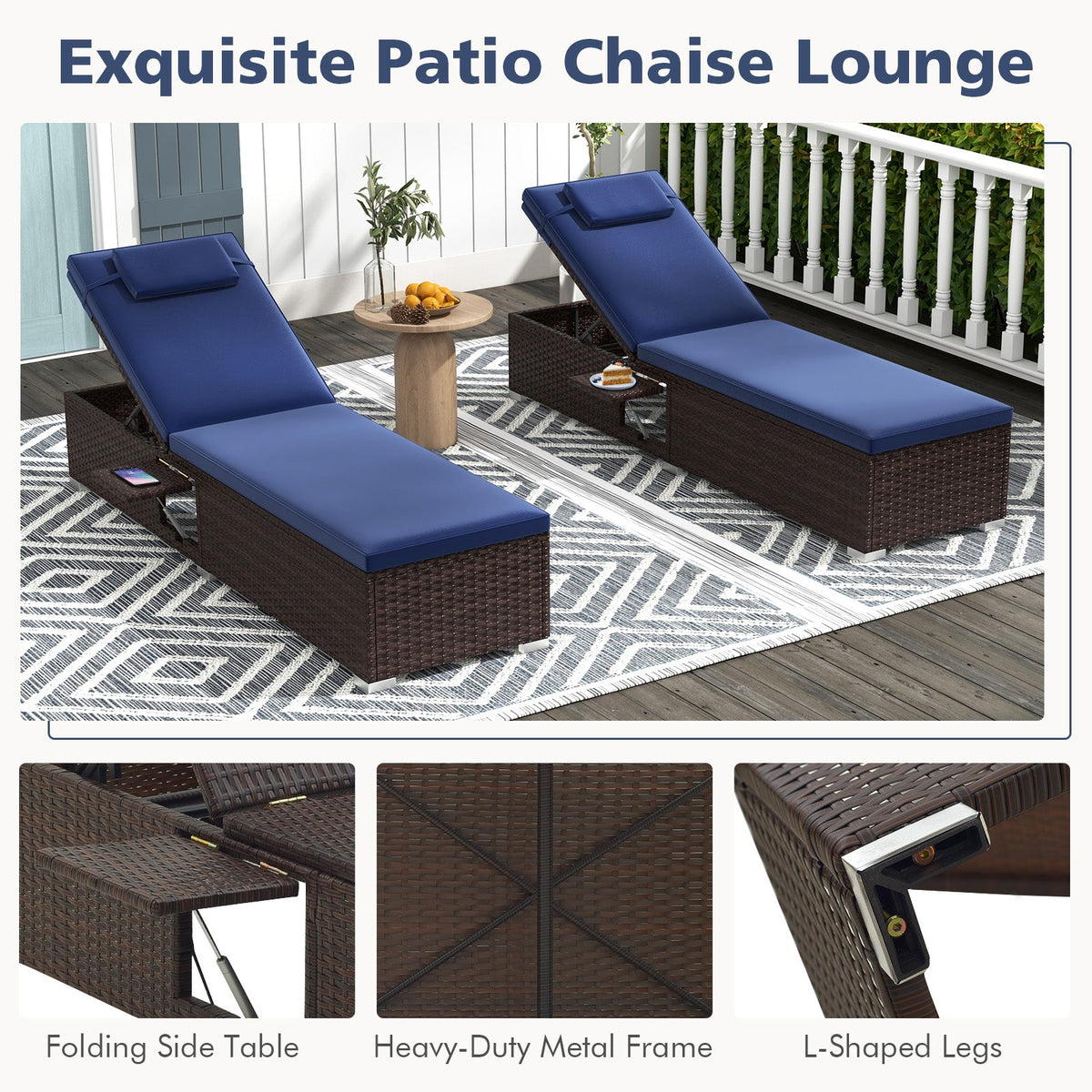 Adjustable Rattan Chaise Lounge Set of 2 with Side Table, 6-Level Recline