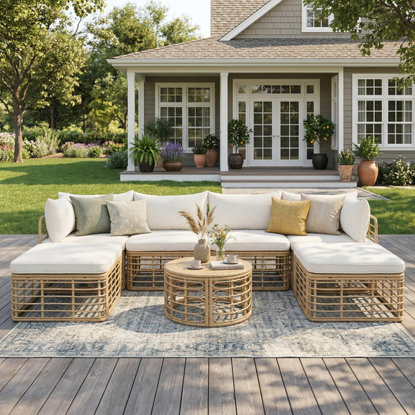 7-Piece Hollow Weave Rattan Sectional Set with Coffee Table, Beige