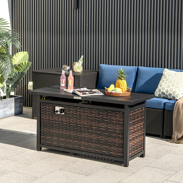 45" Rattan Propane Fire Pit Coffee Table with Glass Stones, Mixed Brown