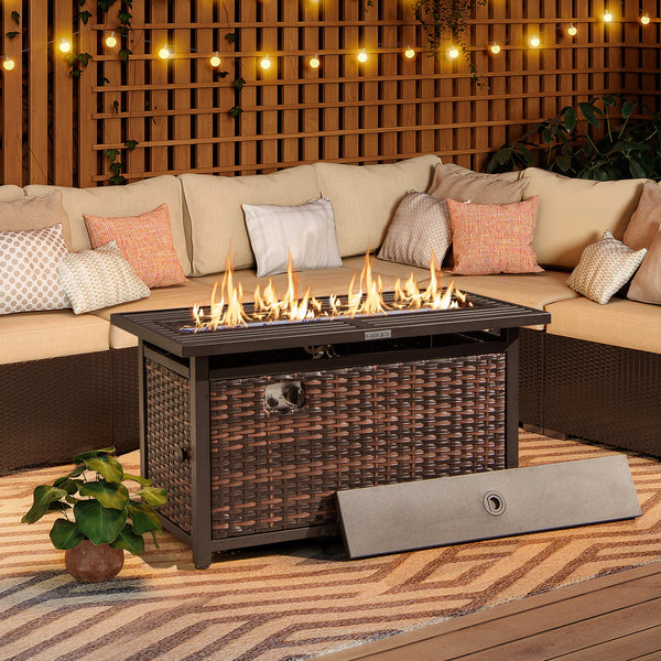 45" Rattan Propane Fire Pit Coffee Table with Glass Stones, Mixed Brown