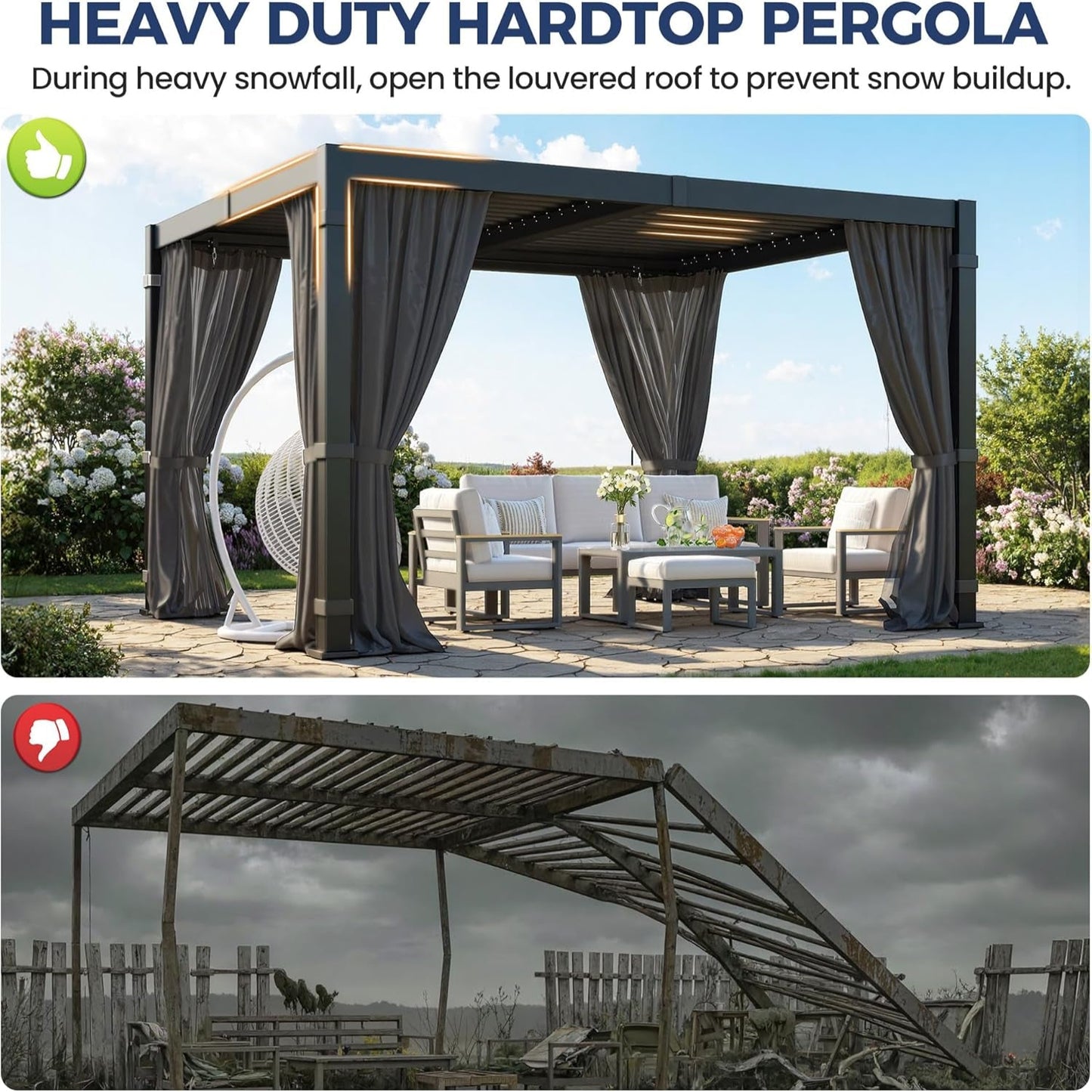 10' X 12' Louvered Pergola, Outdoor Pergola with Metal Adjustable Louvered Roof & Gutter System, Hardtop Patio Gazebo for Backyard, Patio, Garden, Dark Gray