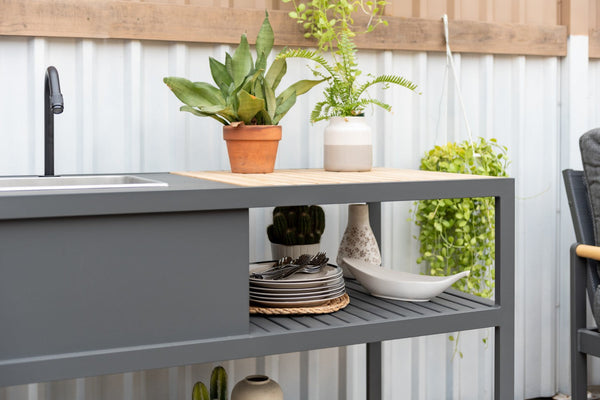 Amber Outdoor Kitchen with Stainless Steel Sink & Teak Shelving