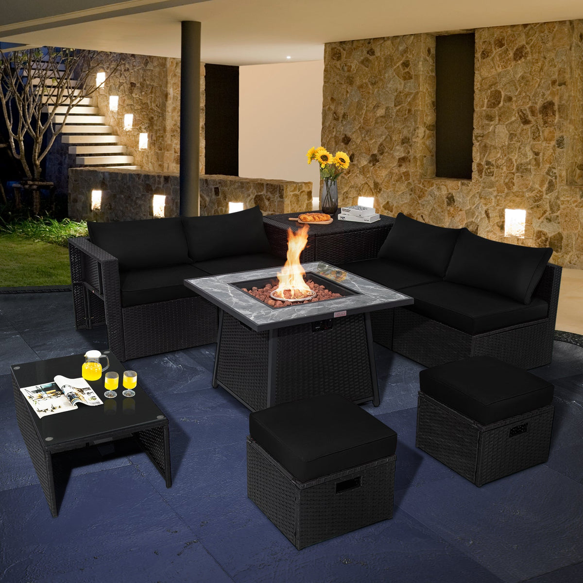 9-Piece Wicker Sectional with 35" Gas Fire Pit Table