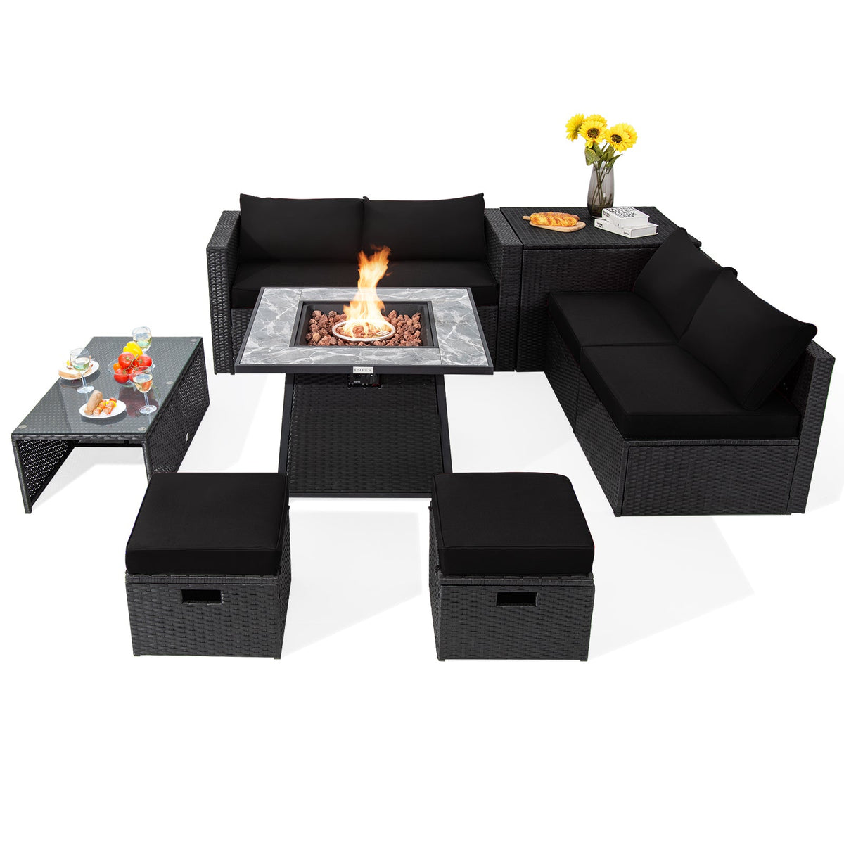 9-Piece Wicker Sectional with 35" Gas Fire Pit Table