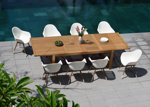 LifestyleGarden Leyland Extendable Teak Table with 8 Chamonix Armchair Dining Set