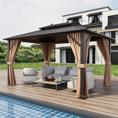 10' x 13' Double-Roof Galvanized Steel Gazebo, Coffee