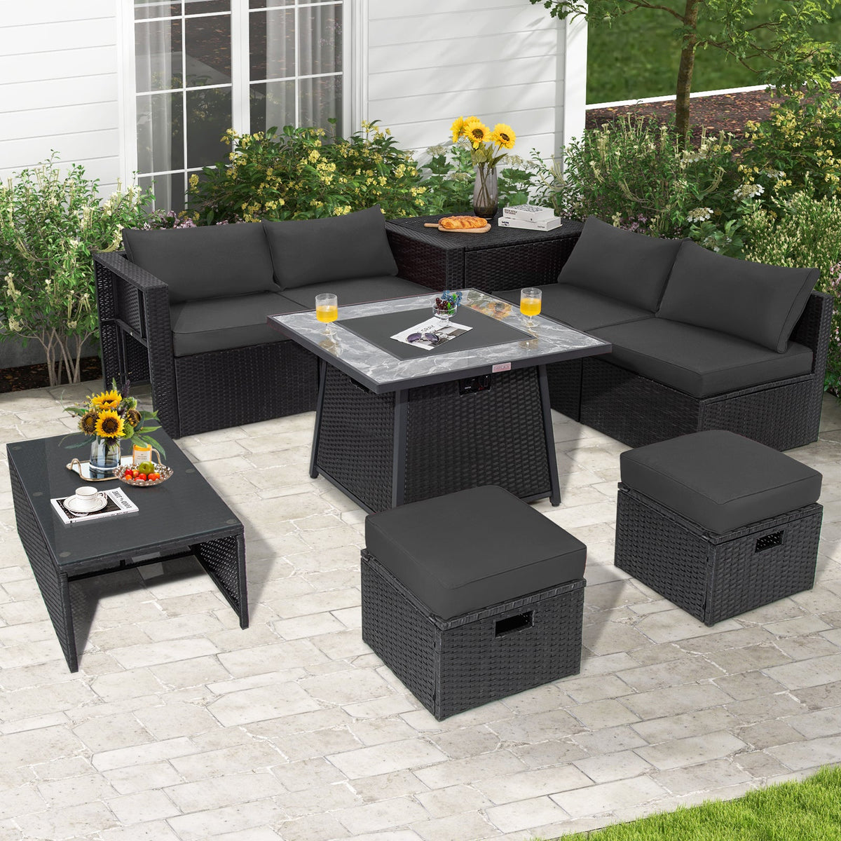 9-Piece Wicker Sectional with 35" Gas Fire Pit Table