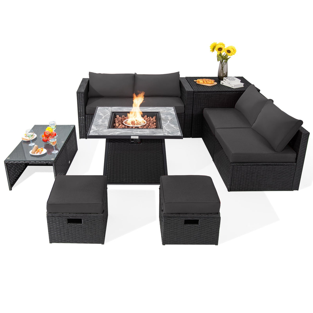9-Piece Wicker Sectional with 35" Gas Fire Pit Table