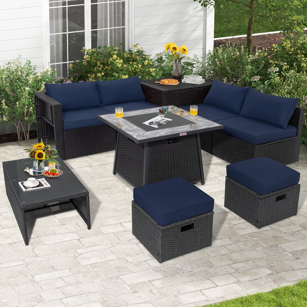 9-Piece Wicker Sectional with 35" Gas Fire Pit Table