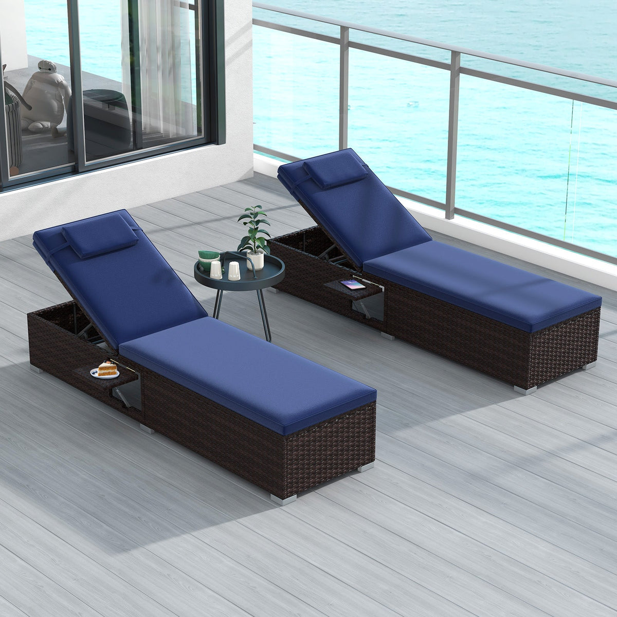Adjustable Rattan Chaise Lounge Set of 2 with Side Table, 6-Level Recline