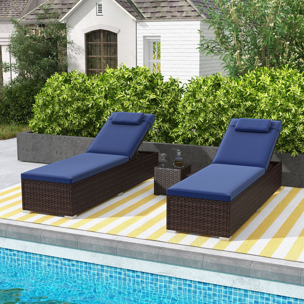 Adjustable Rattan Chaise Lounge Set of 2 with Side Table, 6-Level Recline