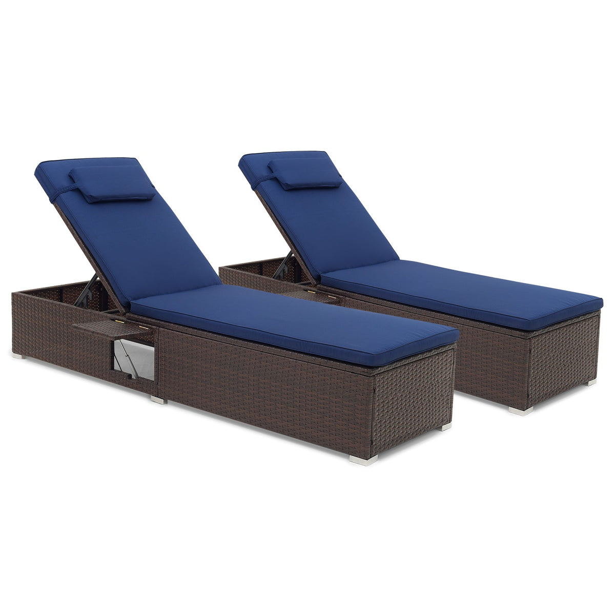Adjustable Rattan Chaise Lounge Set of 2 with Side Table, 6-Level Recline