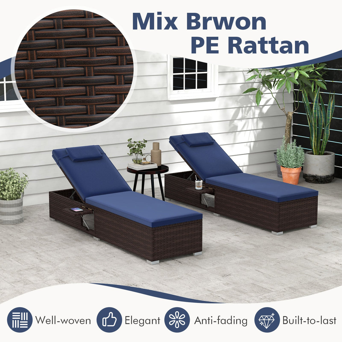 Adjustable Rattan Chaise Lounge Set of 2 with Side Table, 6-Level Recline