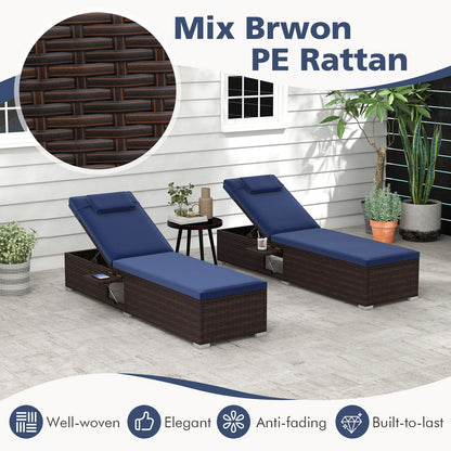 Adjustable Rattan Chaise Lounge Set of 2 with Side Table, 6-Level Recline