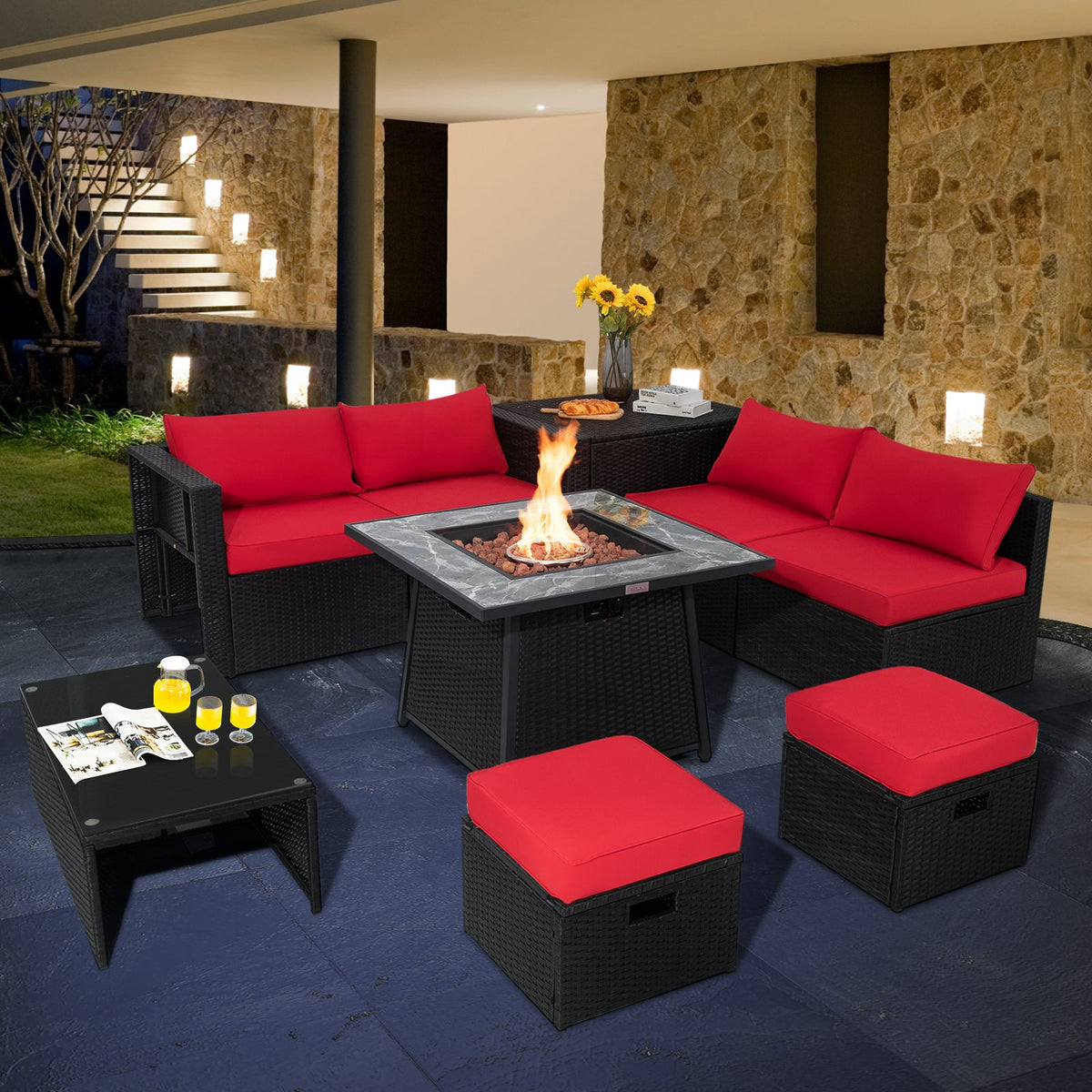 9-Piece Wicker Sectional with 35" Gas Fire Pit Table