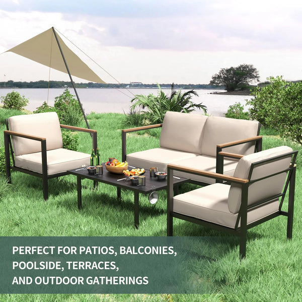4-Piece Metal Outdoor Conversation Set with 2 Chairs, Sofa & Coffee Table
