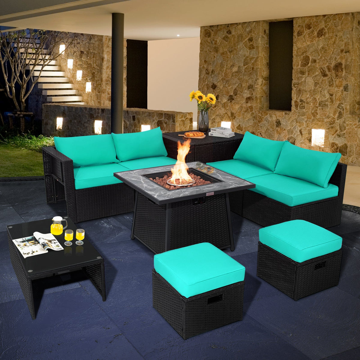 9-Piece Wicker Sectional with 35" Gas Fire Pit Table
