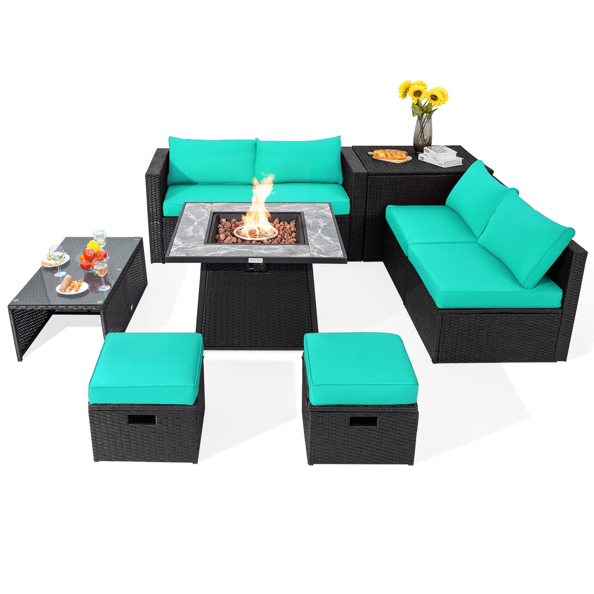 9-Piece Wicker Sectional with 35" Gas Fire Pit Table
