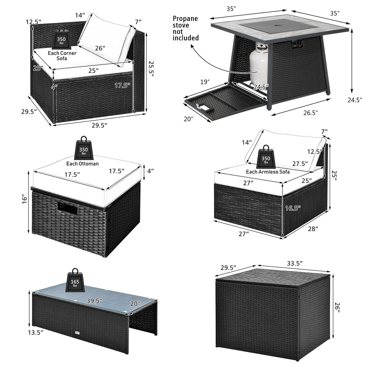 9-Piece Wicker Sectional with 35" Gas Fire Pit Table