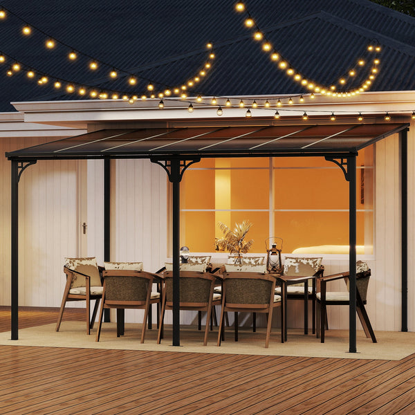10' x 13' Wall-Mounted Hardtop Pergola, Sloped Polycarbonate Roof