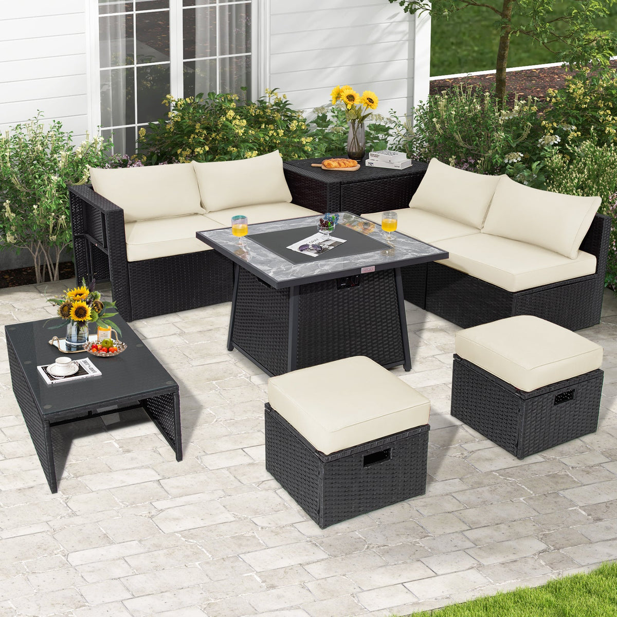 9-Piece Wicker Sectional with 35" Gas Fire Pit Table
