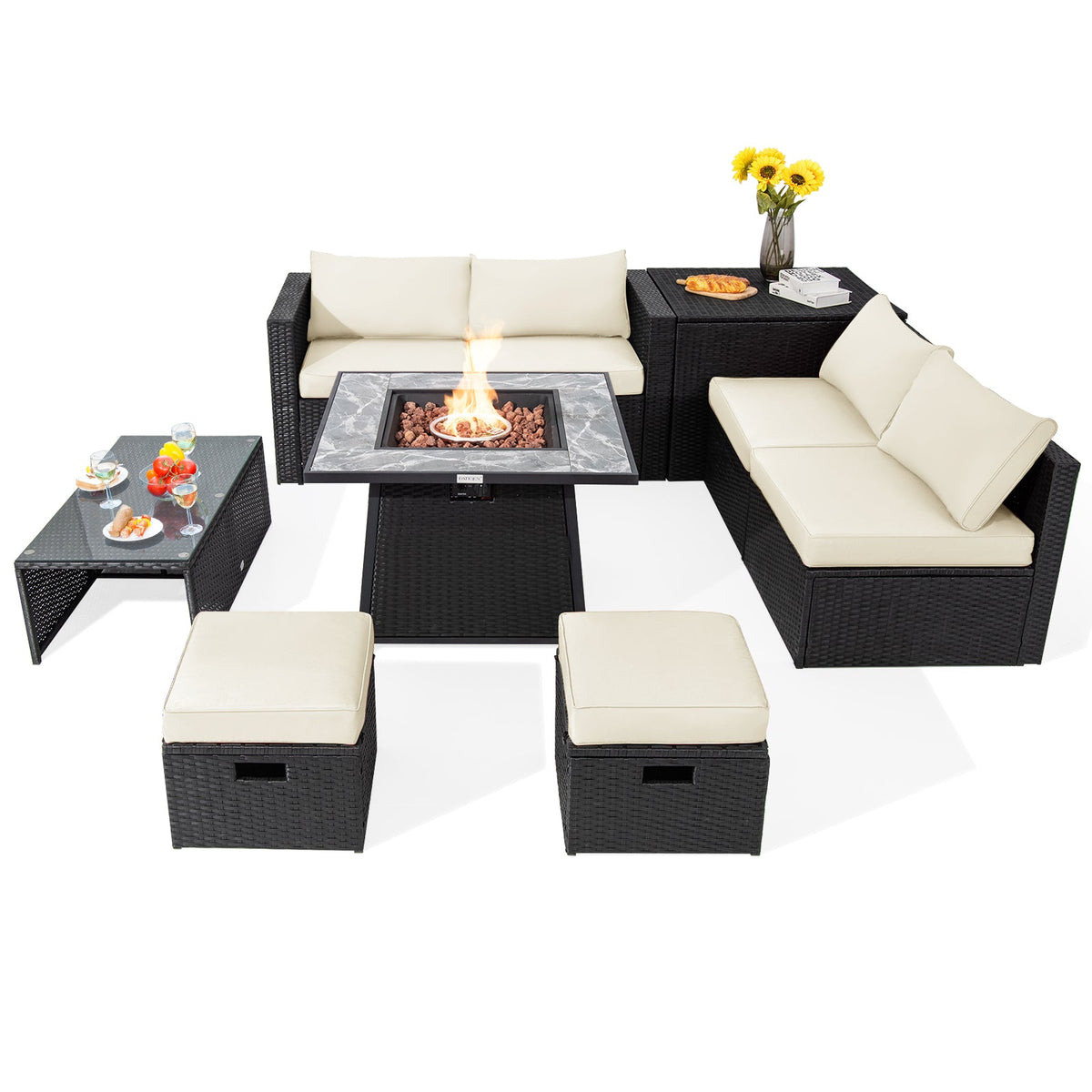 9-Piece Wicker Sectional with 35" Gas Fire Pit Table