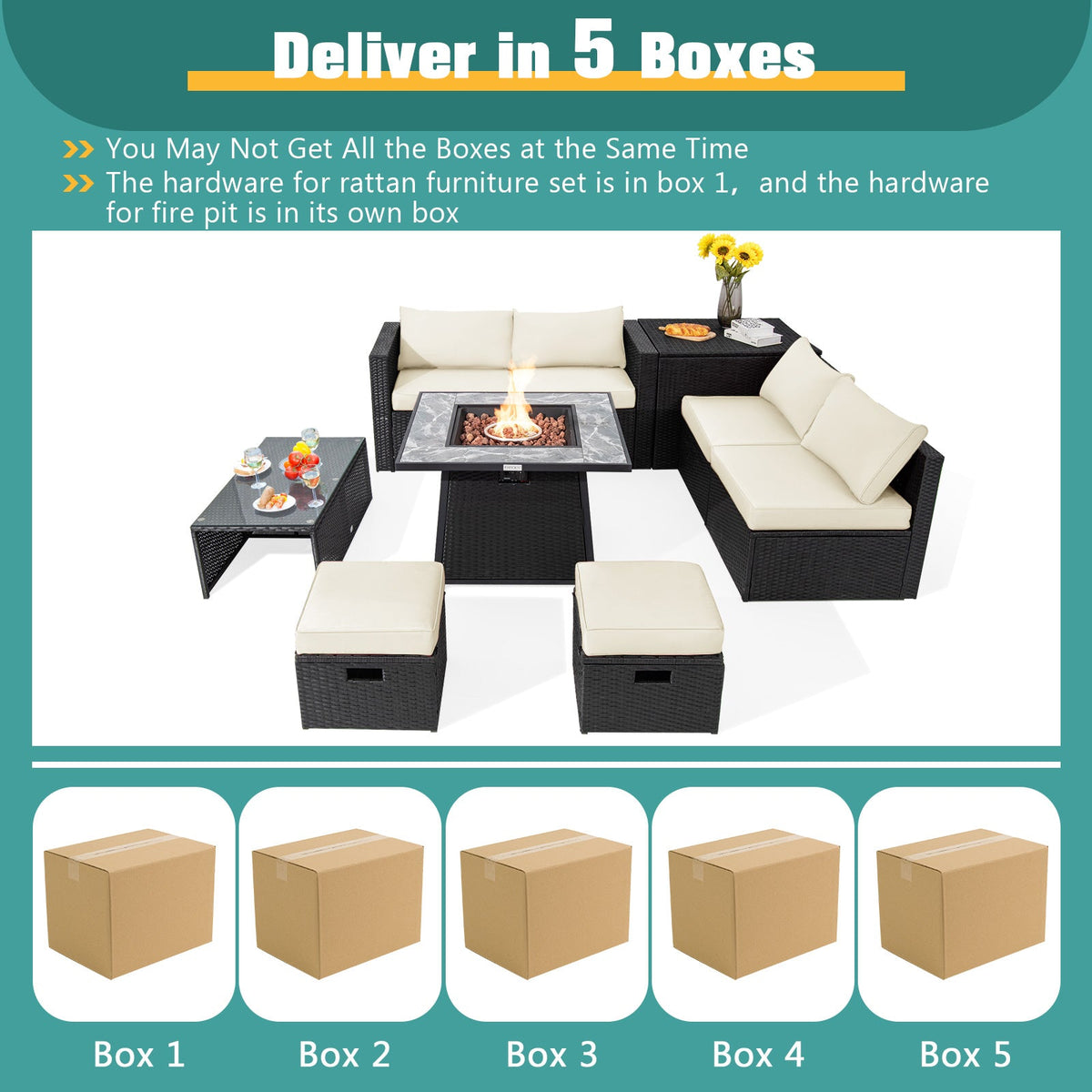 9-Piece Wicker Sectional with 35" Gas Fire Pit Table