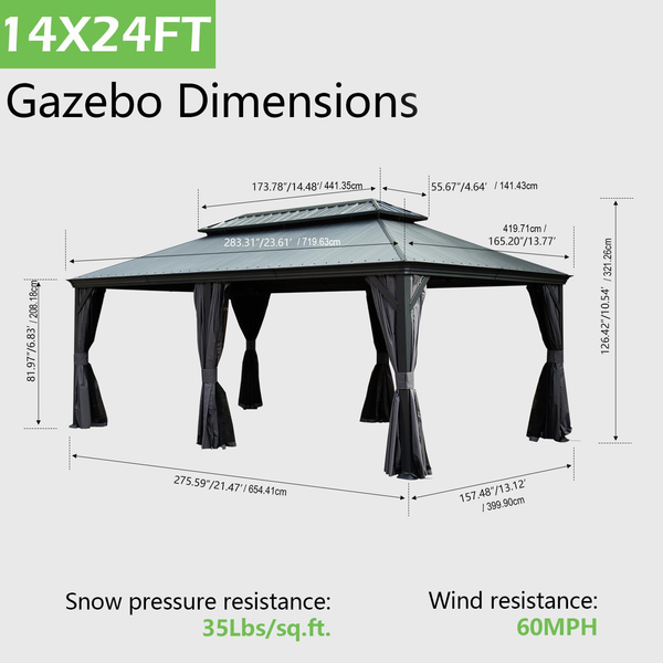 14' x 24' Double-Roof Hardtop Gazebo, 60 MPH Wind Rated