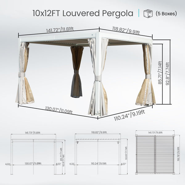 10' x 12' Adjustable Louvered Pergola, 72 MPH Wind Rated, White