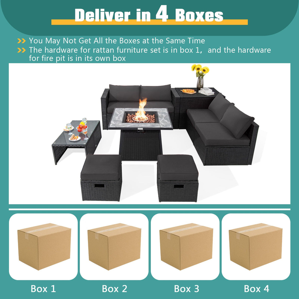 9-Piece Wicker Sectional with 35" Gas Fire Pit Table