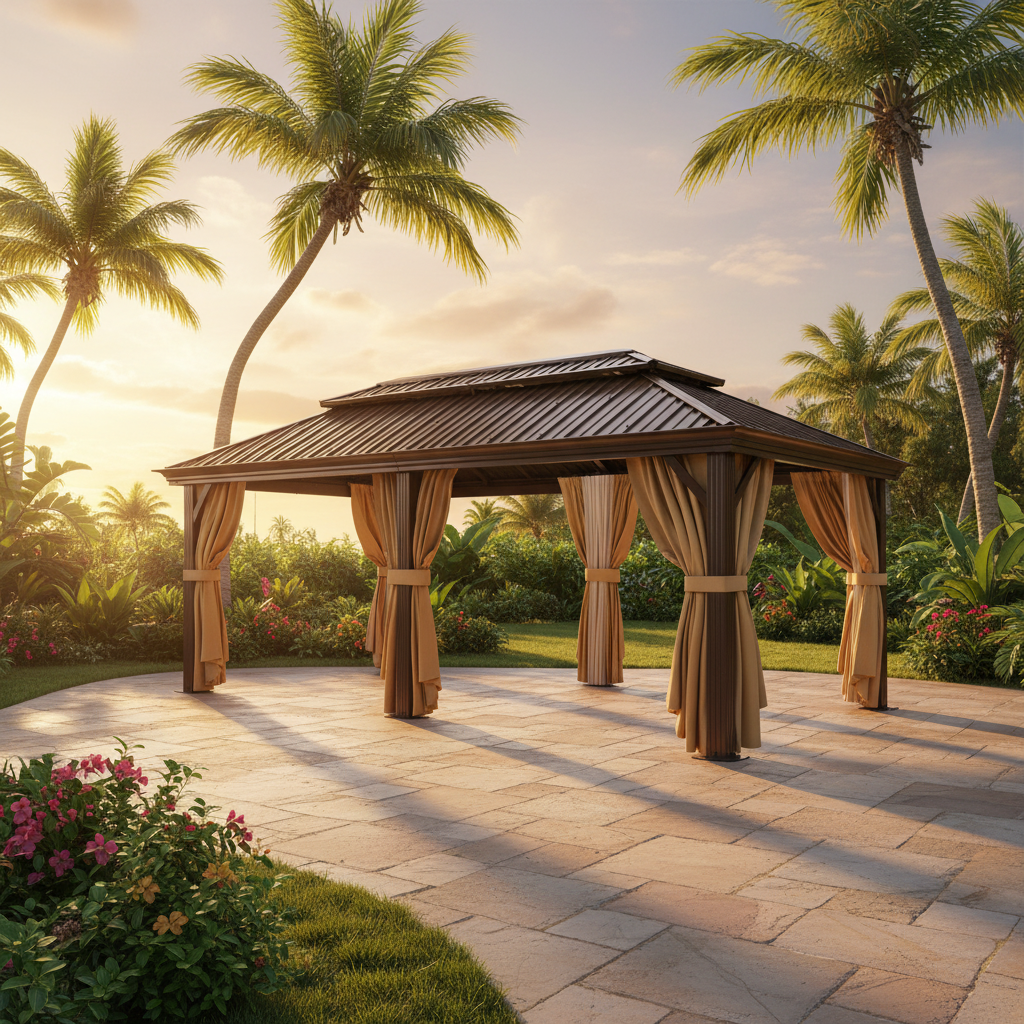 12×20 Hardtop Gazebo with Metal Roof, Heavy Duty Galvanized Steel Gazebo with Reinforced Aluminum Frame, Flame-Resistant Curtain