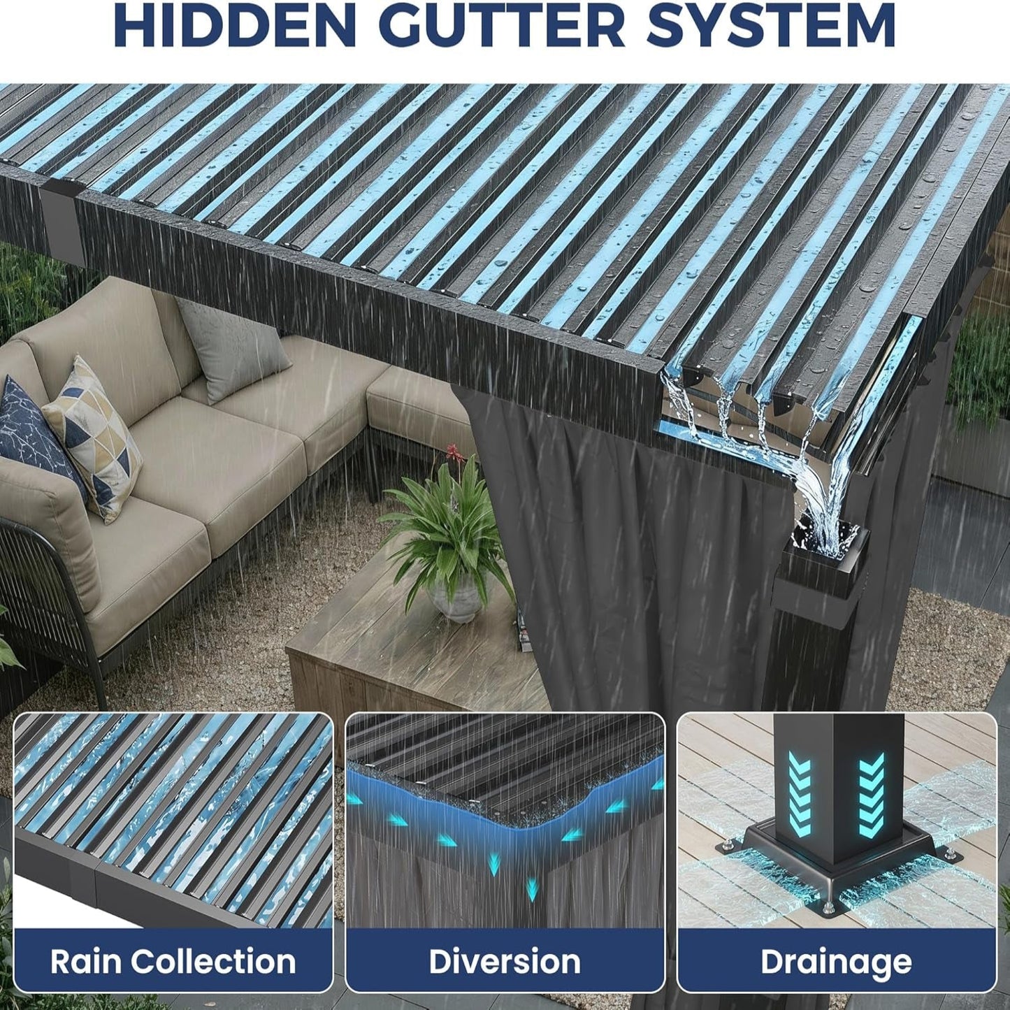 10' X 12' Louvered Pergola, Outdoor Pergola with Metal Adjustable Louvered Roof & Gutter System, Hardtop Patio Gazebo for Backyard, Patio, Garden, Dark Gray