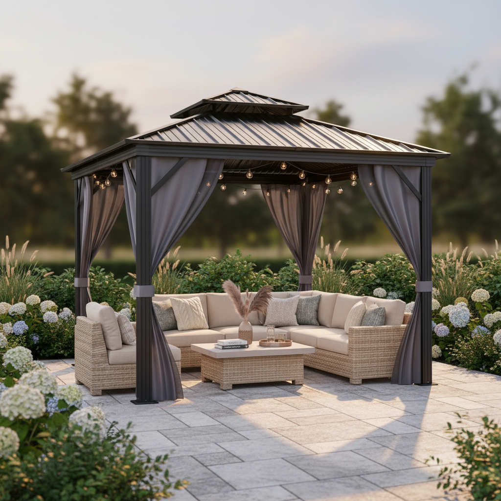 10 X10 Ft Hardtop Gazebo, Galvanized Steel Double Roof with Curtains and Netting, Aluminum Frame Patio Gazebo for Patio, Garden and Lawn