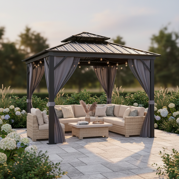 10 X10 Ft Hardtop Gazebo, Galvanized Steel Double Roof with Curtains and Netting, Aluminum Frame Patio Gazebo for Patio, Garden and Lawn