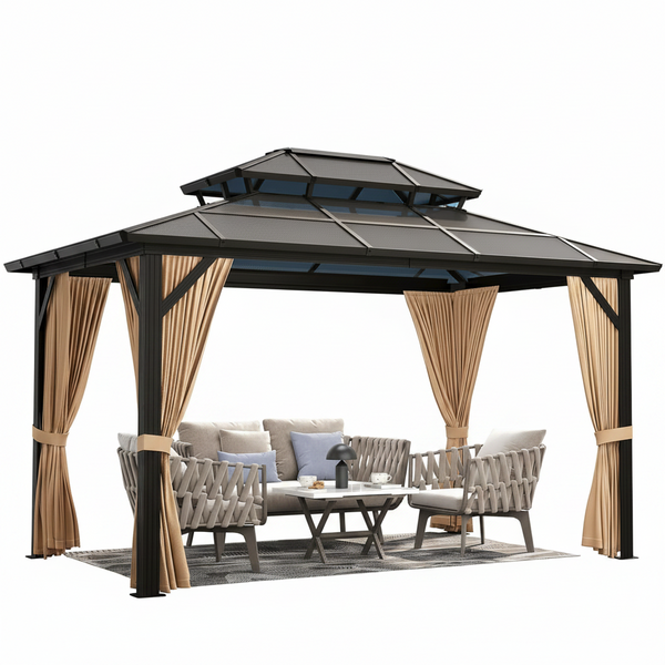 12'X10' Hardtop Gazebo, Aluminum Permanent Pavilion with Polycarbonate Double Roof, Removable Curtains & Mosquito Netting for Patio, Garden, Lawn, Upgrade Your Outdoors (Brown, 12'X10')