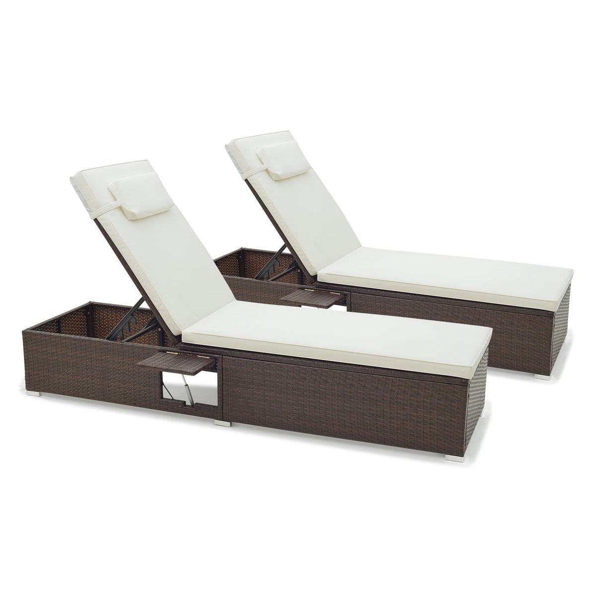 Adjustable Rattan Chaise Lounge Set of 2 with Side Table, 6-Level Recline